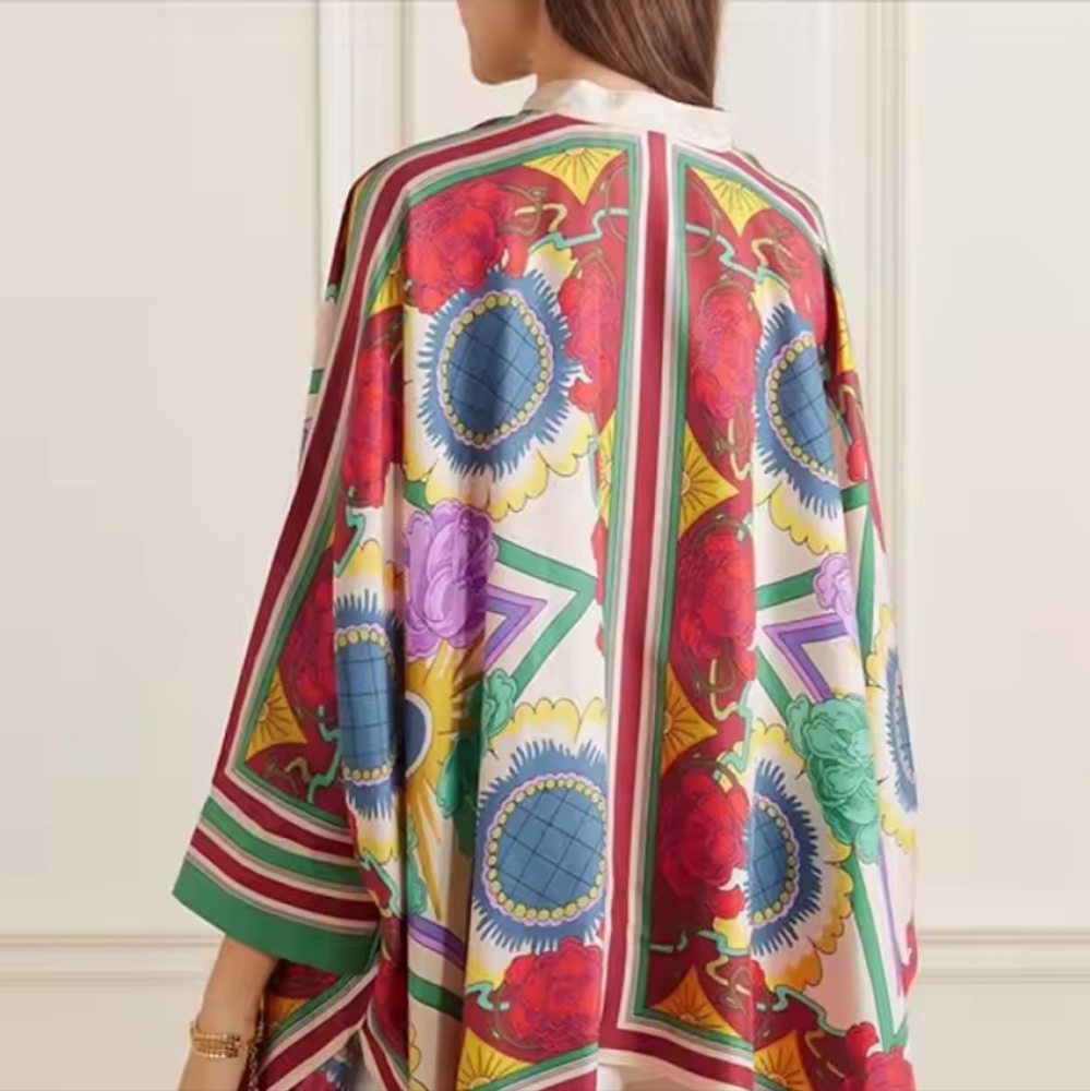 Flower PrintStand Collar Blouses Women Spring Summer High-lowButtoned Shirts T - Picture 5 of 5